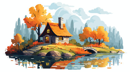 Fantasy cottage in the autumn forest by the lake AI