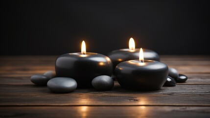 Obraz na płótnie Canvas Zen harmony and meditation concept with candles and black stones on wooden background