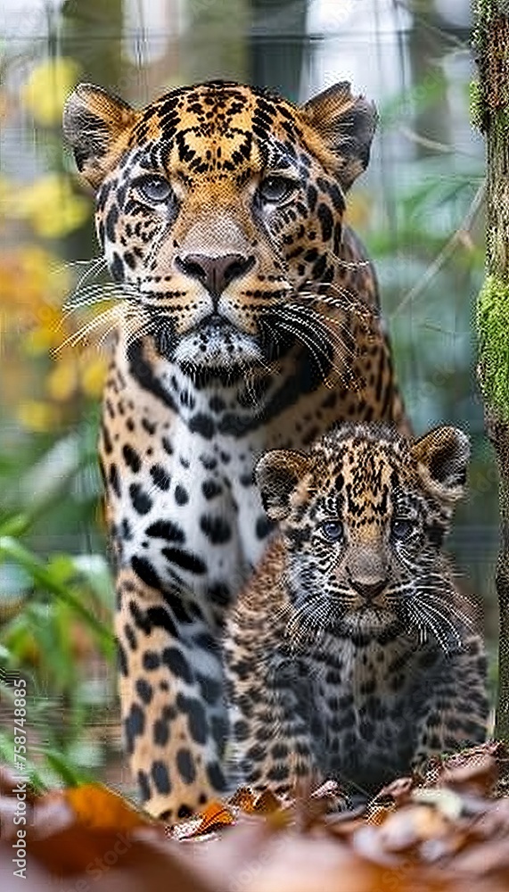 Poster panther and cub portrait, empty space on left for text, object on balanced right side