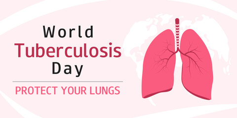 Horizontal background with illustration of lungs and text. World Tuberculosis Day. March 24. Template design for banner, poster, flyer, presentation, campaign. 