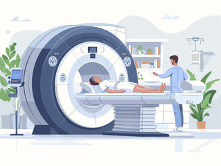  A patient undergoes an MRI scan lying still inside a machine while technicians monitor the process. 