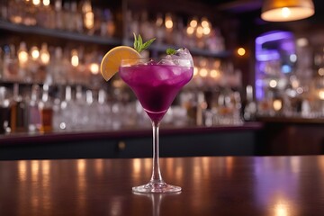 fuchsia cocktail on the background of the bar. The background is blurred