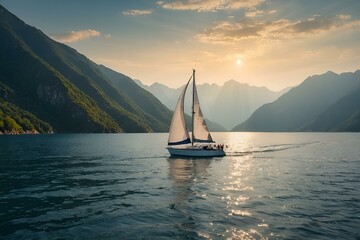 Sailing boat at sea in evening sunlight over beautiful big mountains background
