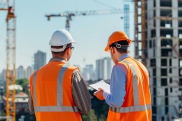 Engineering communication: experts review production construction, rear view