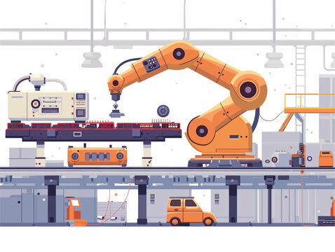  A robotic arm assembles intricate electronics on a production line working with high precision and speed to meet manufacturing demands. 