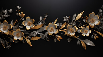Golden flowers on a black background to decorate memorials, funerals. - obrazy, fototapety, plakaty