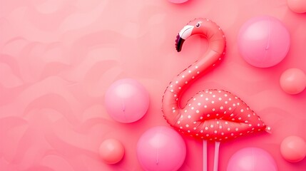 an inflated pink flamingo with a polka dot pattern and balloons on a pink background. Background with a bird for a children's party.