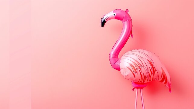 Photo of a pink cute summer inflated flamingo on a pink background for a girl's birthday party.