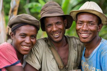 Three smiling faces of young farmers