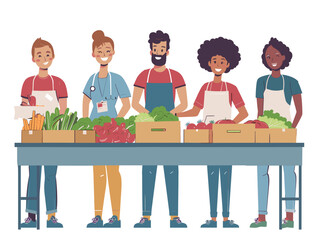  Volunteers pack healthy food boxes for underprivileged communities addressing hunger and promoting food security. 