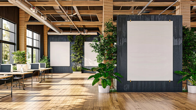 Modern Office Interior Design, Empty Room with Space for Business or Creative Work, White Wall with Poster Mockup