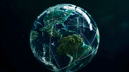 A semi - transparent globe with visible eco - friendly symbols, like trees and wind turbines, overlaid with holographic tech lines, against a deep black background.