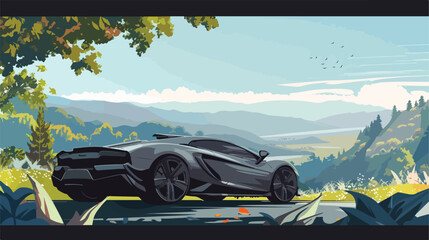 Gray sports car in the background of nature landscape