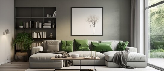 Minimalistic living room interior in grey with green accents.