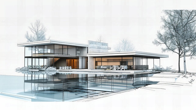 Luxury Housing Project, Modern Architecture and Design Concept, Contemporary Villa with Exterior Garden View