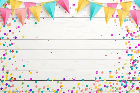 Decoration for birthday party with colorful paper flags and confetti