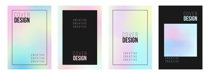 Set of cover design templates. Holographic backgrounds. Soft color gradients. Black color. Vector illustration.