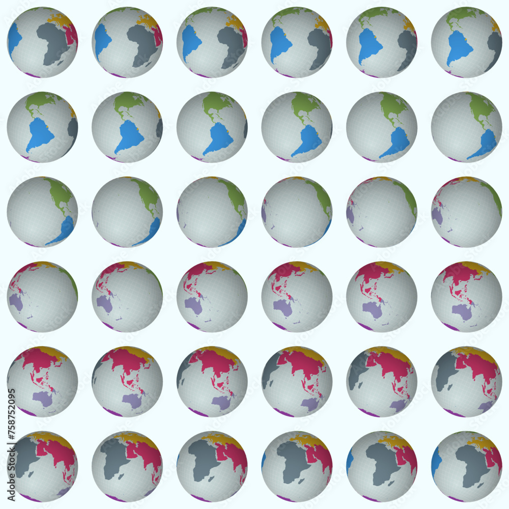 Poster Collection of planet globes. Tilted sphere view. Rotation step 10 degrees. Colored continents style. World map with dense graticule lines on light background. Breathtaking vector illustration.