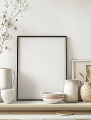 Fototapeta na wymiar Artful Arrangement : Mock-Up Frame Amongst Modern Tableware and flower.