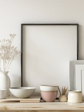 Artful Arrangement : Mock-Up Frame Amongst Modern Tableware and flower.