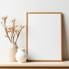 Mockup of the art frame, white vase and flowers