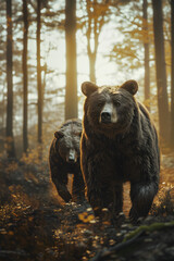 Fototapeta premium Brown bear family standing in front of the camera in the forest with setting sun. Group of wild animals in nature.