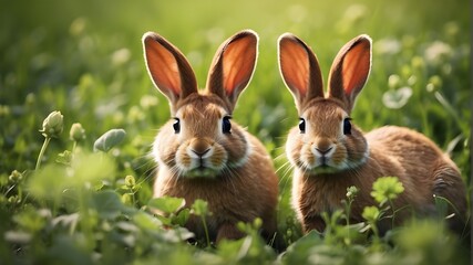 Fototapeta na wymiar A pair of bunnies nibbling on fresh clover in a sunlit meadow --