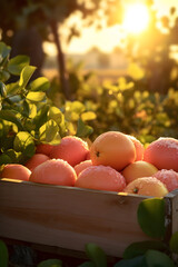 Grapefruits harvested in a wooden box with orchard and sunshine in the background. Natural organic fruit abundance. Agriculture, healthy and natural food concept. Vertical composition.