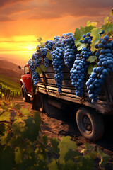 Cargo truck carrying blue wine grape fruit in a vineyard with sunset. Concept of food production, transportation, cargo and shipping.
