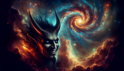 Surreal digital art of a smiling demon with cosmic galaxy background, invoking themes of fantasy and space.