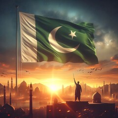 Realistic illustration of a fluttering pakistani flag at sunset for pakistan day. - obrazy, fototapety, plakaty