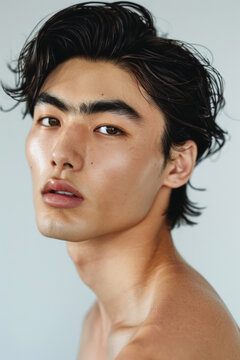 A young Asian Caucasian male model with messy, dark hair and prominent eyebrows, gazing intently towards the camera, bare shoulders