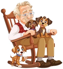 Gordijnen Elderly man sitting with two adorable puppies © GraphicsRF
