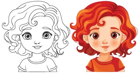 Zelfklevend Fotobehang Black and white and colored vector illustrations of a girl © GraphicsRF