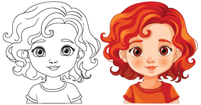 Black and white and colored vector illustrations of a girl