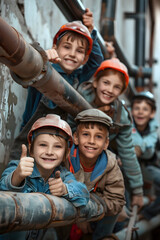 Group of children doing their dream job as Plumbers standing at the pipes. Concept of Creativity, Happiness, Dream come true and Teamwork.