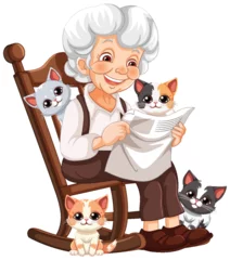 Tuinposter Elderly woman reading with four cute kittens © GraphicsRF