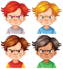 Zelfklevend Fotobehang Four cartoon kids showing various angry expressions. © GraphicsRF