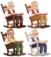 Gordijnen Four cheerful elderly men sitting in rocking chairs. © GraphicsRF