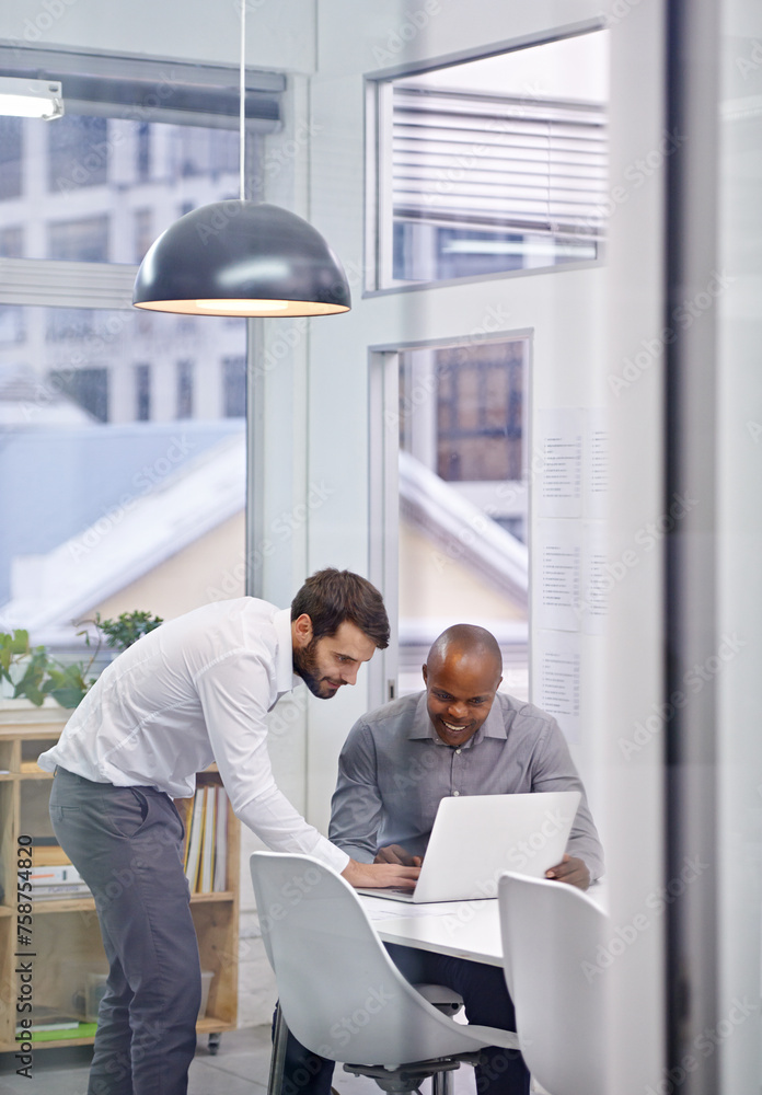 Poster corporate training, business people and men with a laptop, coaching and conversation with help and a