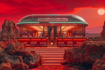 Retro-futuristic diner on Mars combining 50s Americana with alien landscapes