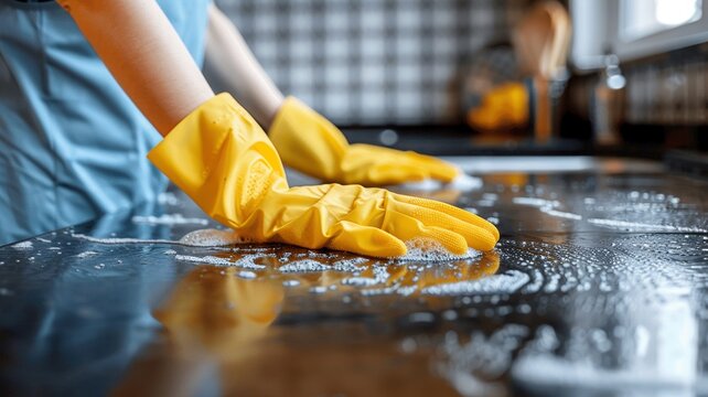 Cropped image of young woman in rubber gloves cleaning kitchen countertop