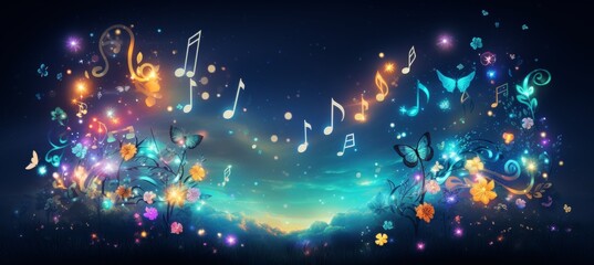 Surreal space of drifting musical notes transforming into vibrant blossoms, abstract background