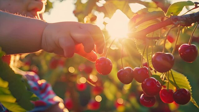 A toddlers hand picking raspberries as the setting sun flares through the foliage in the background