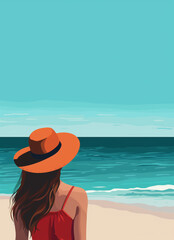 Fototapeta na wymiar illustration minimalist Happy woman with a sun hat at the sea, for poster banner travel