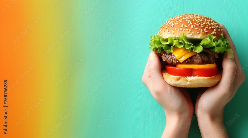 Aufkleber hands holding burger on soft colored backdrop with ample space for text placement