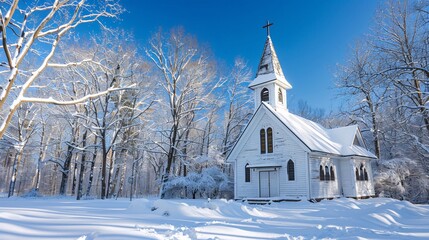 Fototapeta na wymiar Snowy Church Steeple on a Sunny Winter Day Generative AI