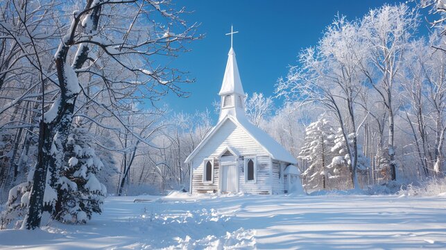Snowy Church with Cross A Wintery Scene Perfect for Christmas Generative AI