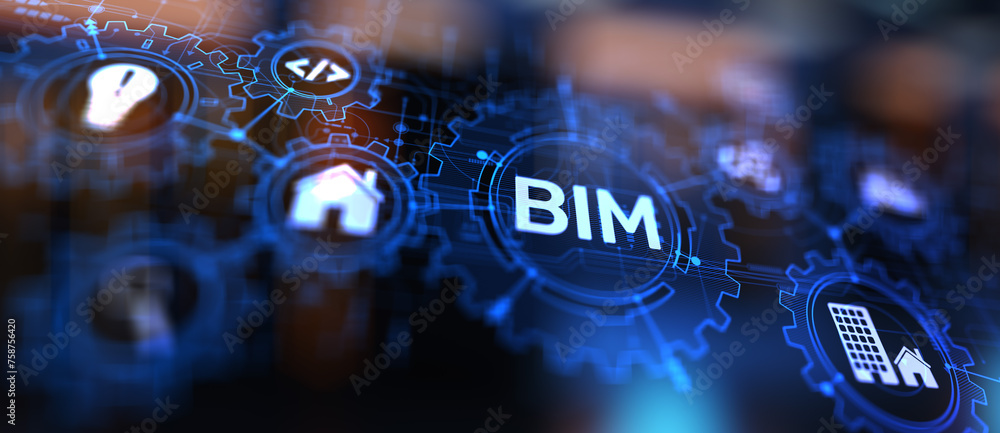 Poster bim building information modeling technology concept on virtual screen.