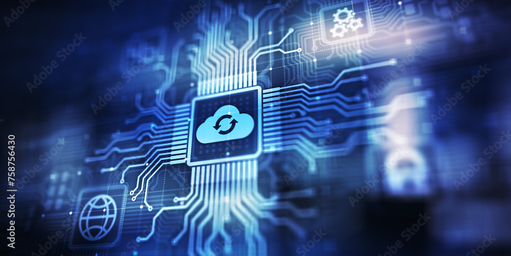 Poster cloud technology computing and data storage concept on virtual screen.